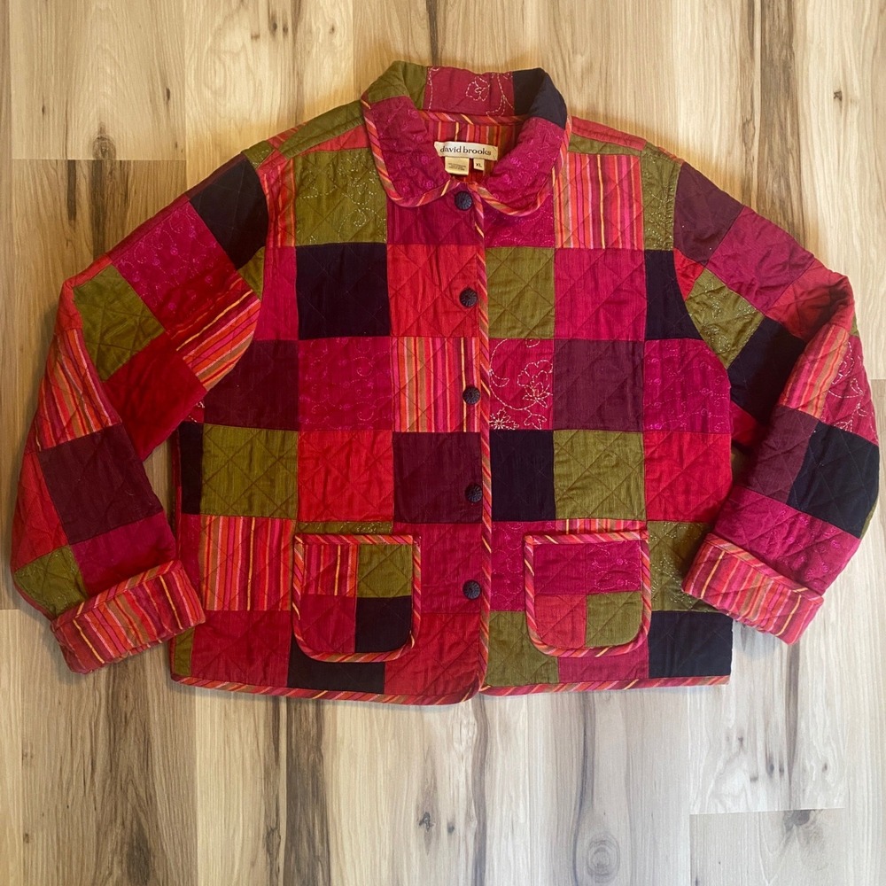 David Brooks Reversible Quilted Jacket XL Patchwork Corduroy Floral Striped Red